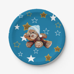 Blue and Gold Teddy Bear and Stars Paper Teller