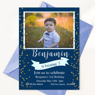 Blue and Gold Third Birthday Foto Einladung