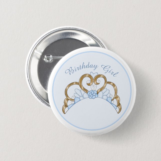 Blue and Gold Tiara Birthday Girl Button (Vorne & Hinten)
