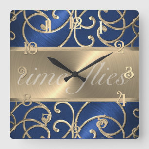 Blue and Gold Time Flock Quadratische Wanduhr