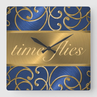 Blue and Gold Time Flock Quadratische Wanduhr