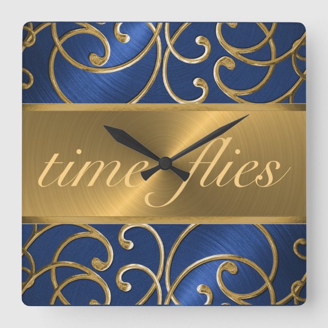 Blue and Gold Time Flock Quadratische Wanduhr (Vorderseite)