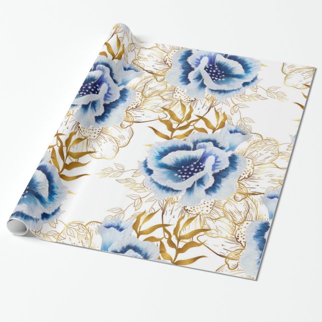 Blue and Gold Watercolor Anemone Geschenkpapier (Ungerollt)