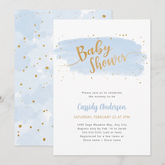 Blue and Gold Watercolor Baby Dusche Einladung (Vorne/Hinten)