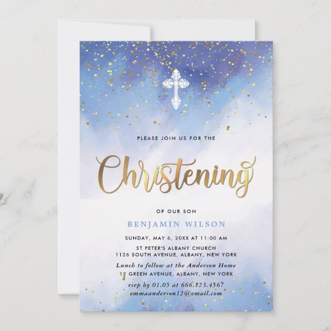 Blue and Gold Watercolor Boy Christening Einladung (Vorderseite)
