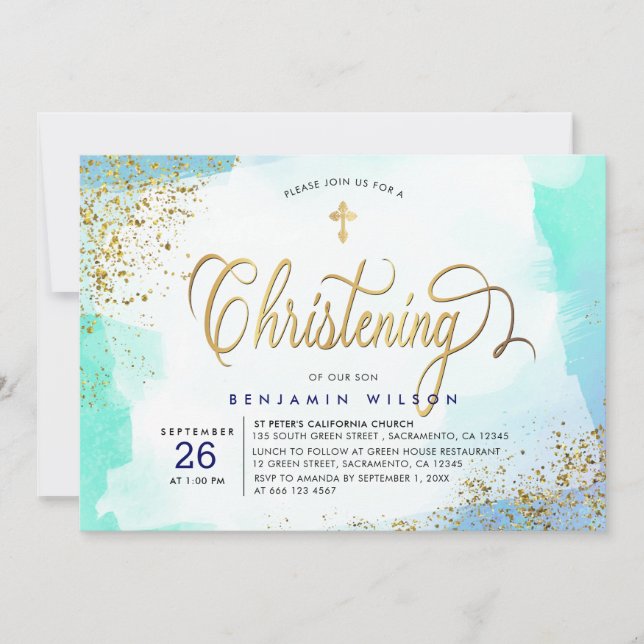 Blue and Gold Watercolor Boys Christening Einladung (Vorderseite)