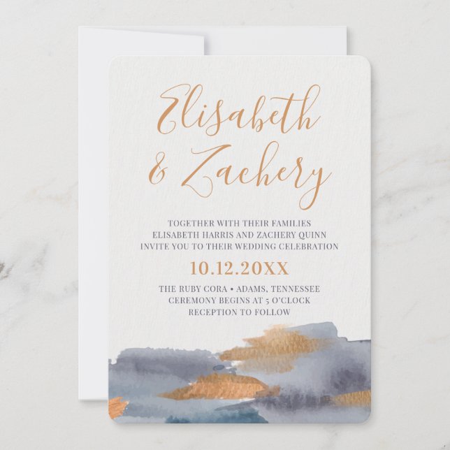 Blue and Gold Watercolor Swash Wedding Einladung (Vorderseite)