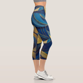 Blue and Gold Waves Capri Leggings