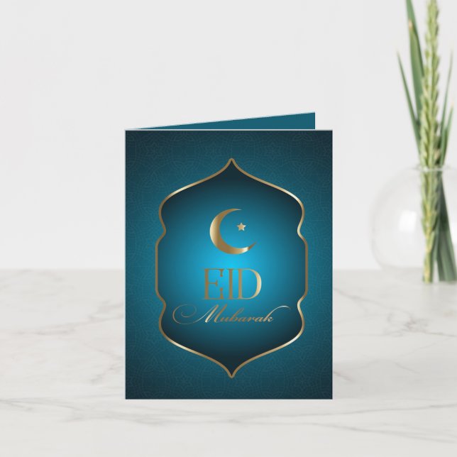Blue and Golden Islamic Eid Mubarak Gruß Karte (Vorderseite)