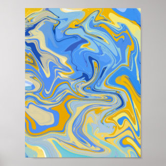 Blue and Golden Yellow Fluid Marble Abstract Wall Poster