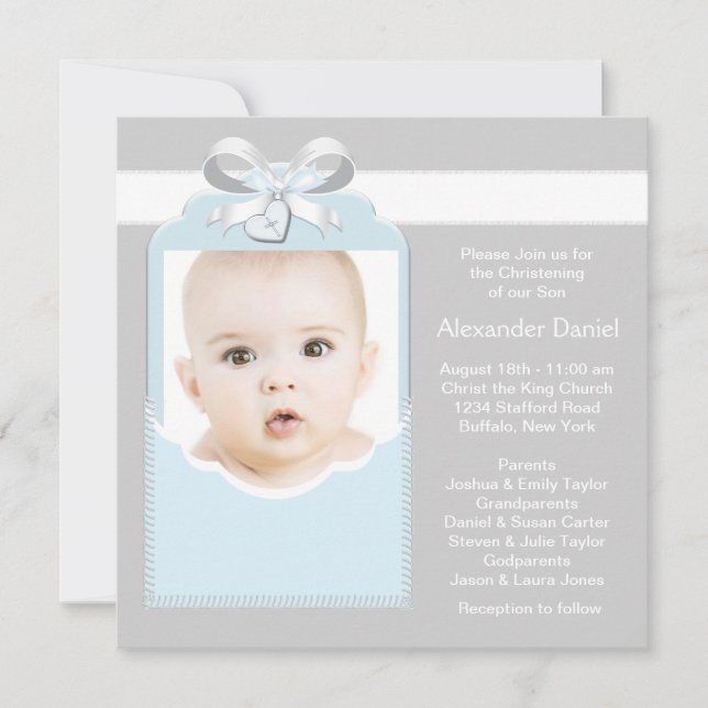Blue and Gray Baby Boy Foto Christening Einladung (Vorderseite)