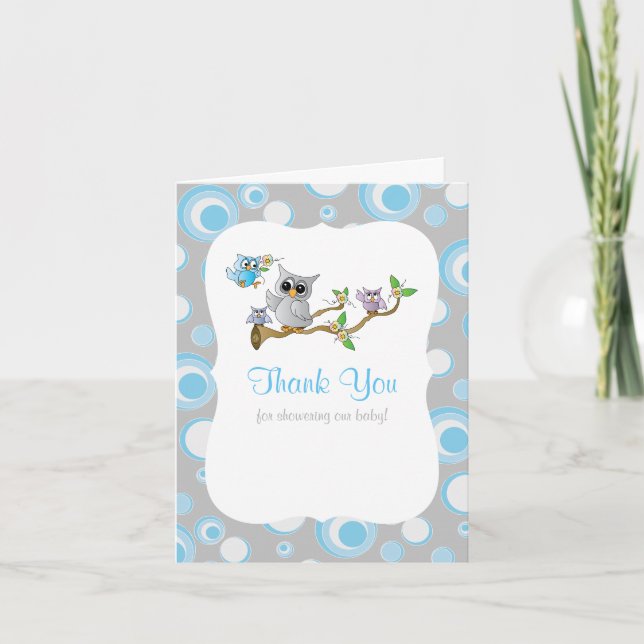 Blue and Gray Baby Owl Baby Dusche Vielen Dank Dankeskarte (Vorderseite)
