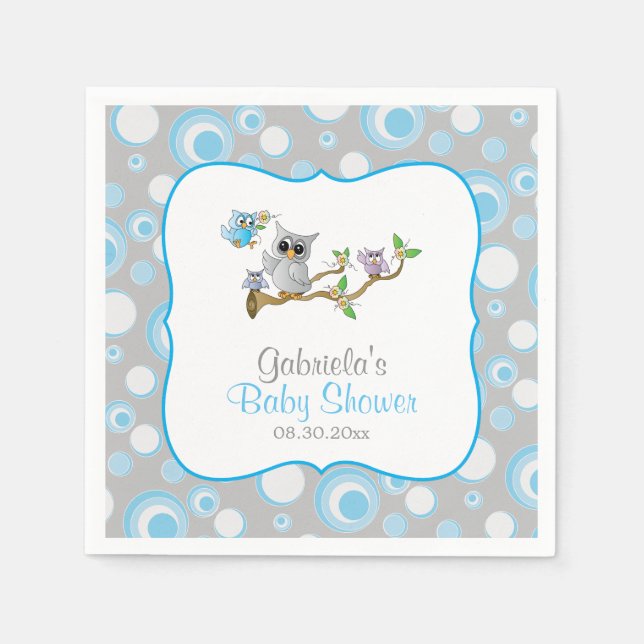 Blue and Gray Baby Owl Baby Showthema Serviette (Vorderseite)