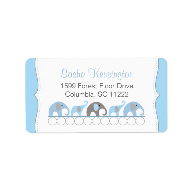 Blue and Gray Elephants Baby Boy Dusche Adressaufkleber (Vorne)