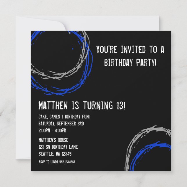 Blue and Gray Grunge Circles Boy Birthday Party Einladung (Vorderseite)