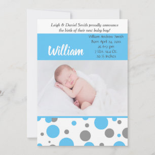 Blue and Gray Polka Dots Baby Boy Foto Birth Ankündigung