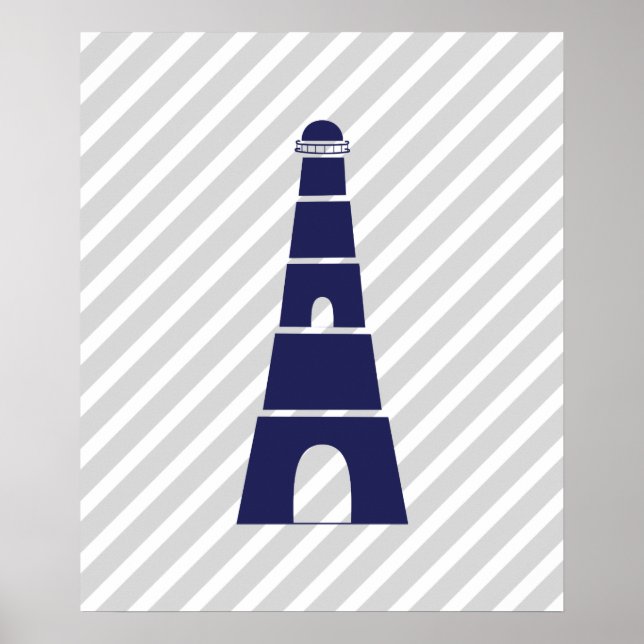 Blue and Gray Striped Nautical Lighthouse Poster (Vorne)