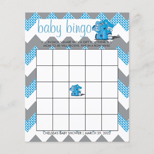 Blue and Gray Zickzack Elephant Baby Shower Bingo Flyer (Vorne)