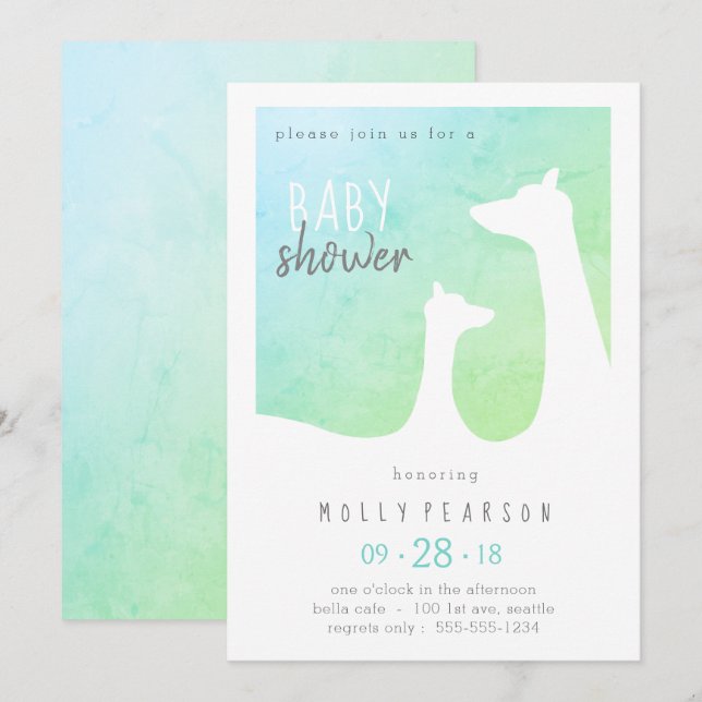Blue and Green Baby Giraffe Baby Shower Einladung (Vorne/Hinten)