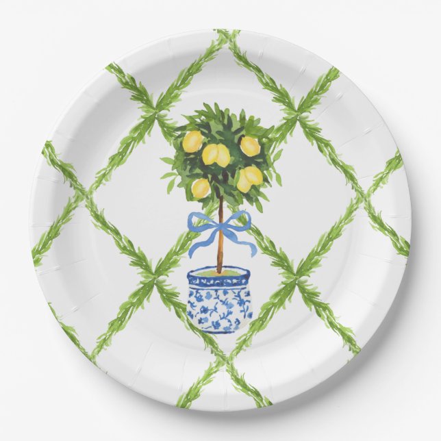 Blue and Green Chinoiserie Topiary Lemon Plates Pappteller (Vorderseite)