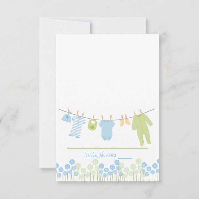 Blue and Green Clothesline Baby Shower Escortkarte Einladung (Vorderseite)