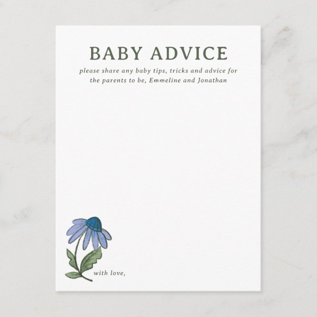 Blue and Green Country Floral Baby Shower Advice RSVP Karte (Vorderseite)