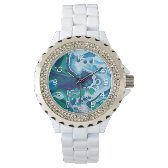 Blue and Green Digital Marble Fluid Art Armbanduhr (Vorderseite)