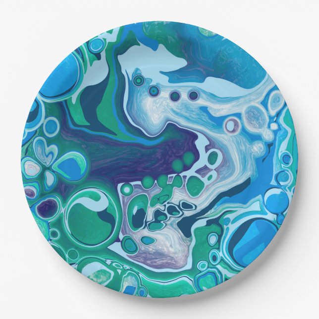 Blue and Green Digital Marble Fluid Art Pappteller (Vorderseite)