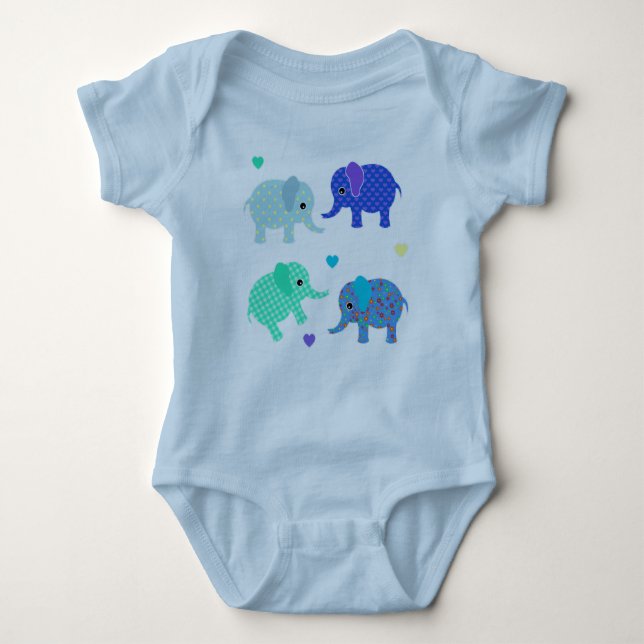 Blue and Green Elephants Baby Bodysuit Strampler (Vorderseite)
