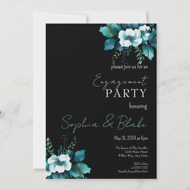 Blue and Green Floral Black Engagement Party Einladung (Vorderseite)