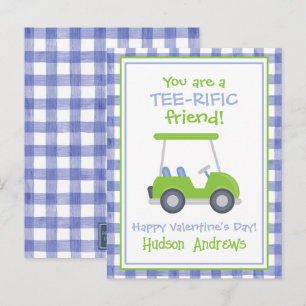 Blue and Green Gingham Golf Cart Valentine's Cards Postkarte
