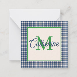 Blue and Green Gingham Plaid Tartan Monogram Mitteilungskarte
