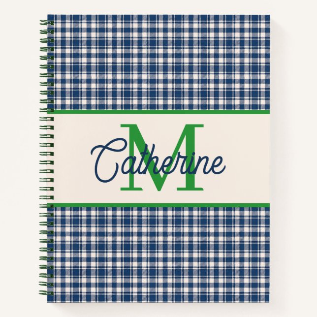 Blue and Green Gingham Plaid Tartan Monogram Notizbuch (Vorderseite)