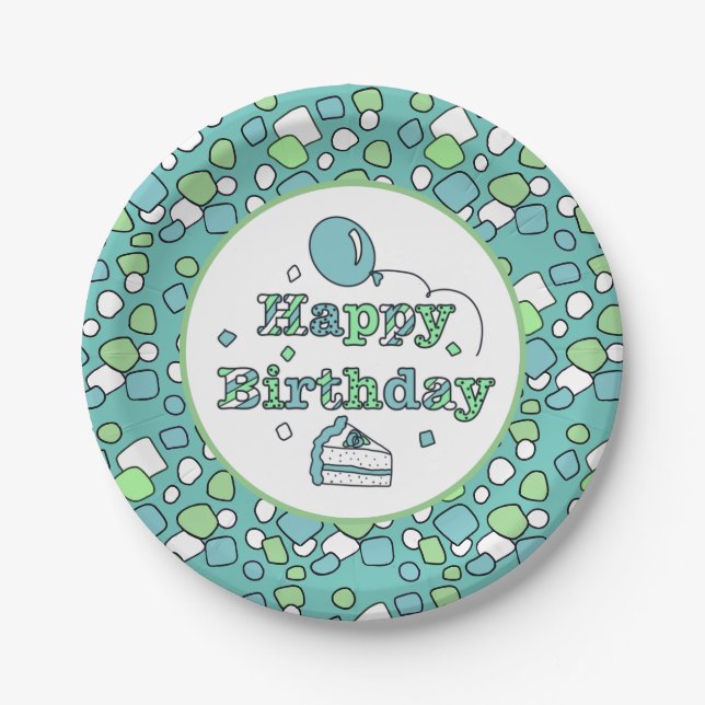 Blue and Green Happy Birthday Pappteller (Vorderseite)