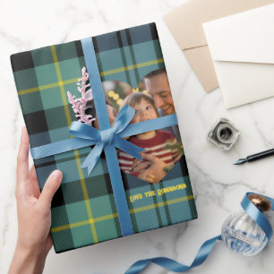Blue and Green Modern Tartan Foto Weihnachten Geschenkpapier