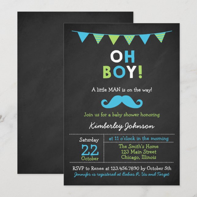 Blue and Green Mustache Baby Dusche Einladung (Vorne/Hinten)