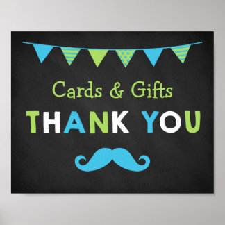 Blue and Green Mustache Chalkboard Baby Dusche Poster