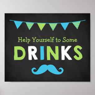 Blue and Green Mustache Chalkboard Baby Dusche Poster