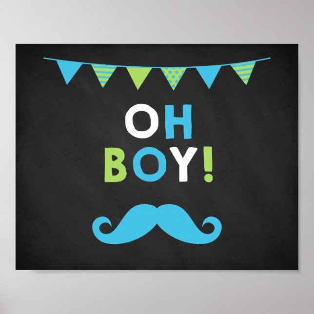 Blue and Green Mustache Chalkboard Baby Shower Poster (Vorne)
