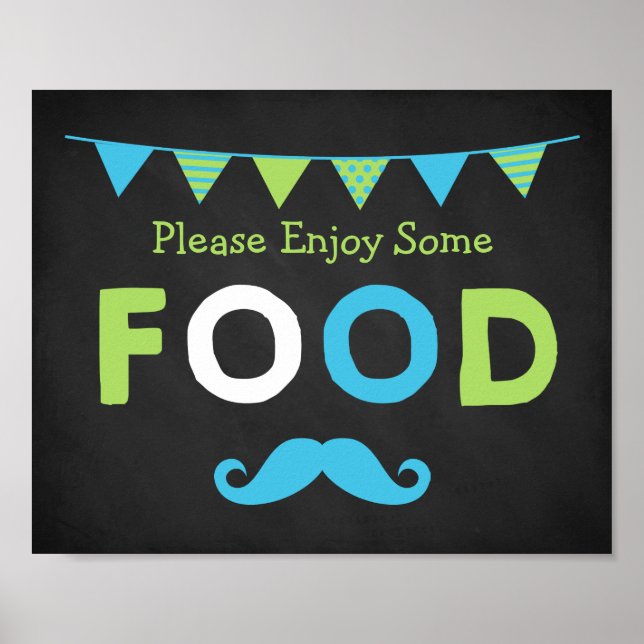 Blue and Green Mustache Chalkboard Food Sign Poster (Vorne)