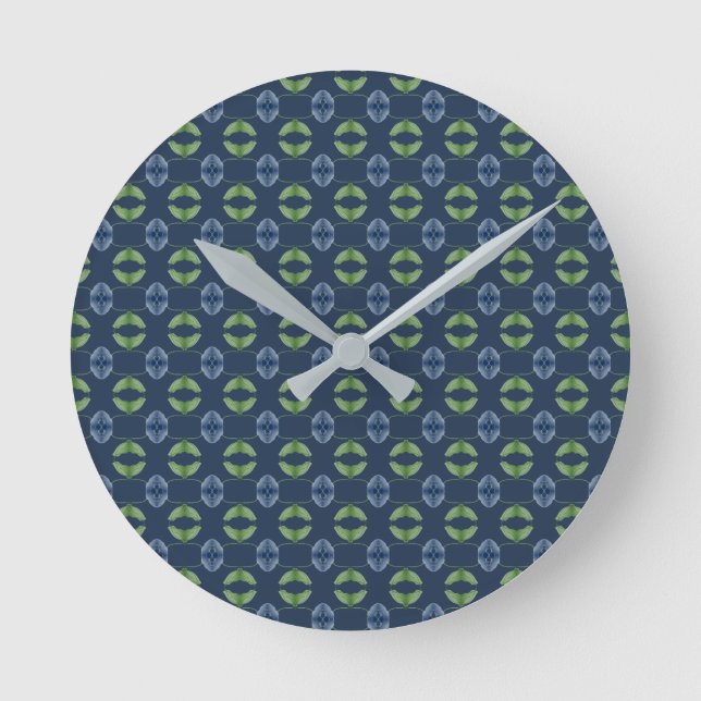 Blue And Green Patterned Wall Clock Runde Wanduhr (Vorderseite)
