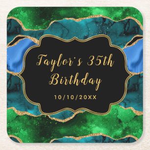 Blue and Green Peacock Agate Birthday Rechteckiger Pappuntersetzer
