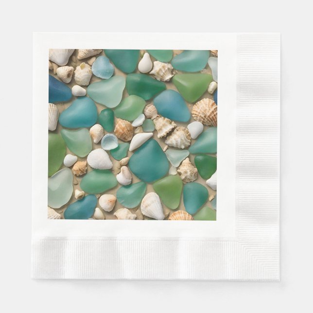 Blue and Green Sea Glass and Seashells Serviette (Vorderseite)