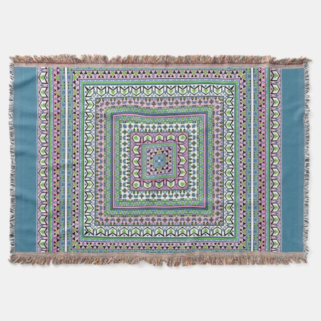 Blue and green square ethnic ornament scarf decke (Vorderseite)