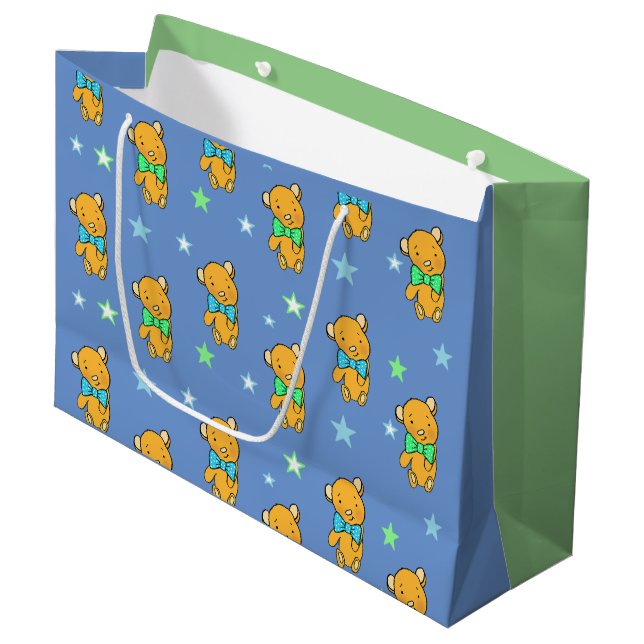 Blue and Green Teddy Bear Stars Baby Dusche Große Geschenktüte (Vorderseite Schrägansicht)