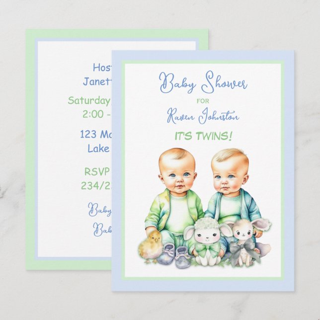 Blue and Green Twin Boys Baby Shower Einladungen (Vorne/Hinten)