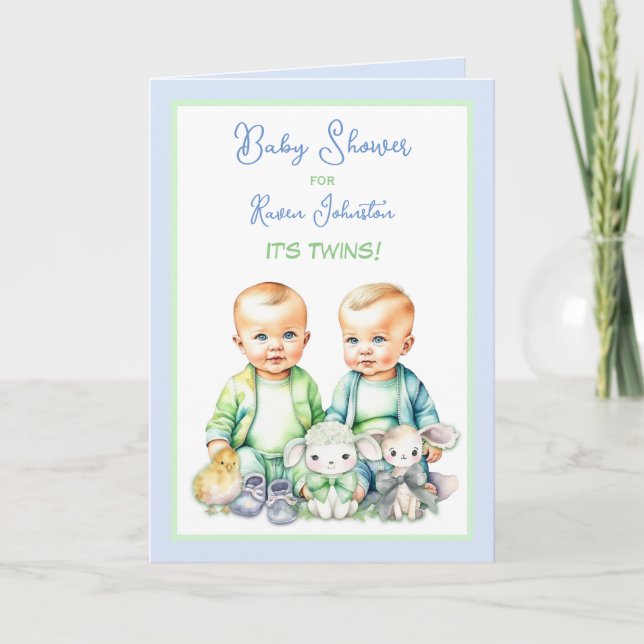 Blue and Green Twin Boys Baby Shower Einladungen (Vorderseite)