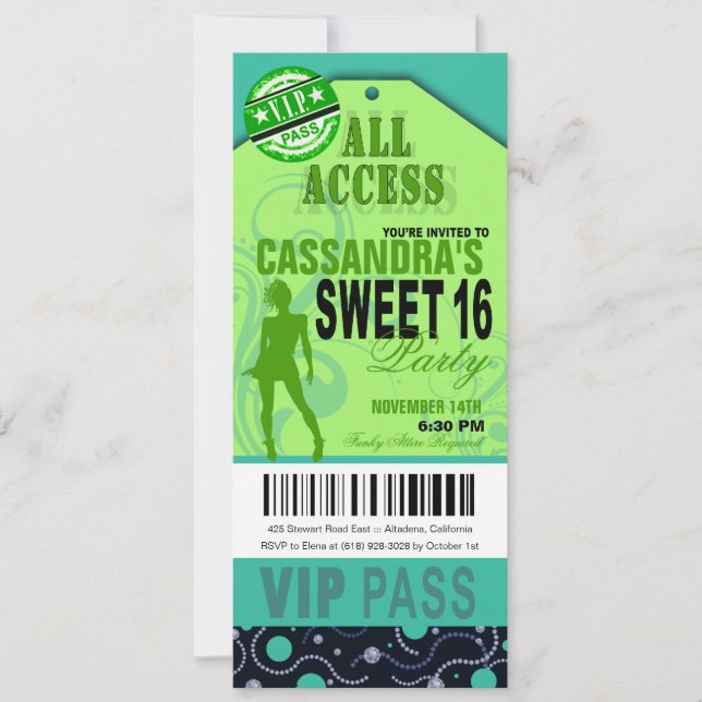 Blue and Green VIP Sweet 16 Ticket Party Einladung (Vorderseite)