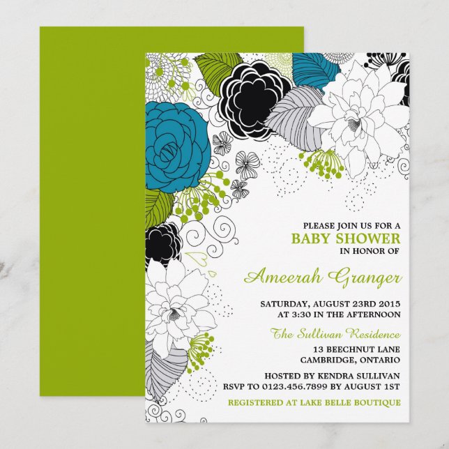 Blue and Green Whimsical Blume Baby Dusche Einladung (Vorne/Hinten)
