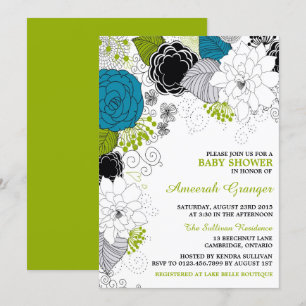 Blue and Green Whimsical Blume Baby Dusche Einladung